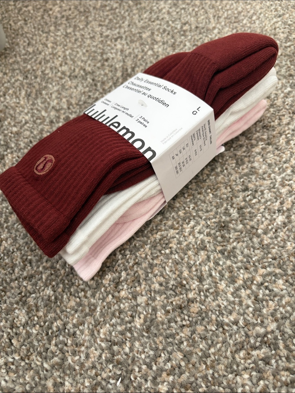 Lululemon 3 Pack Large Crew Length Sock Trio - Burgundy, White & Light Pink